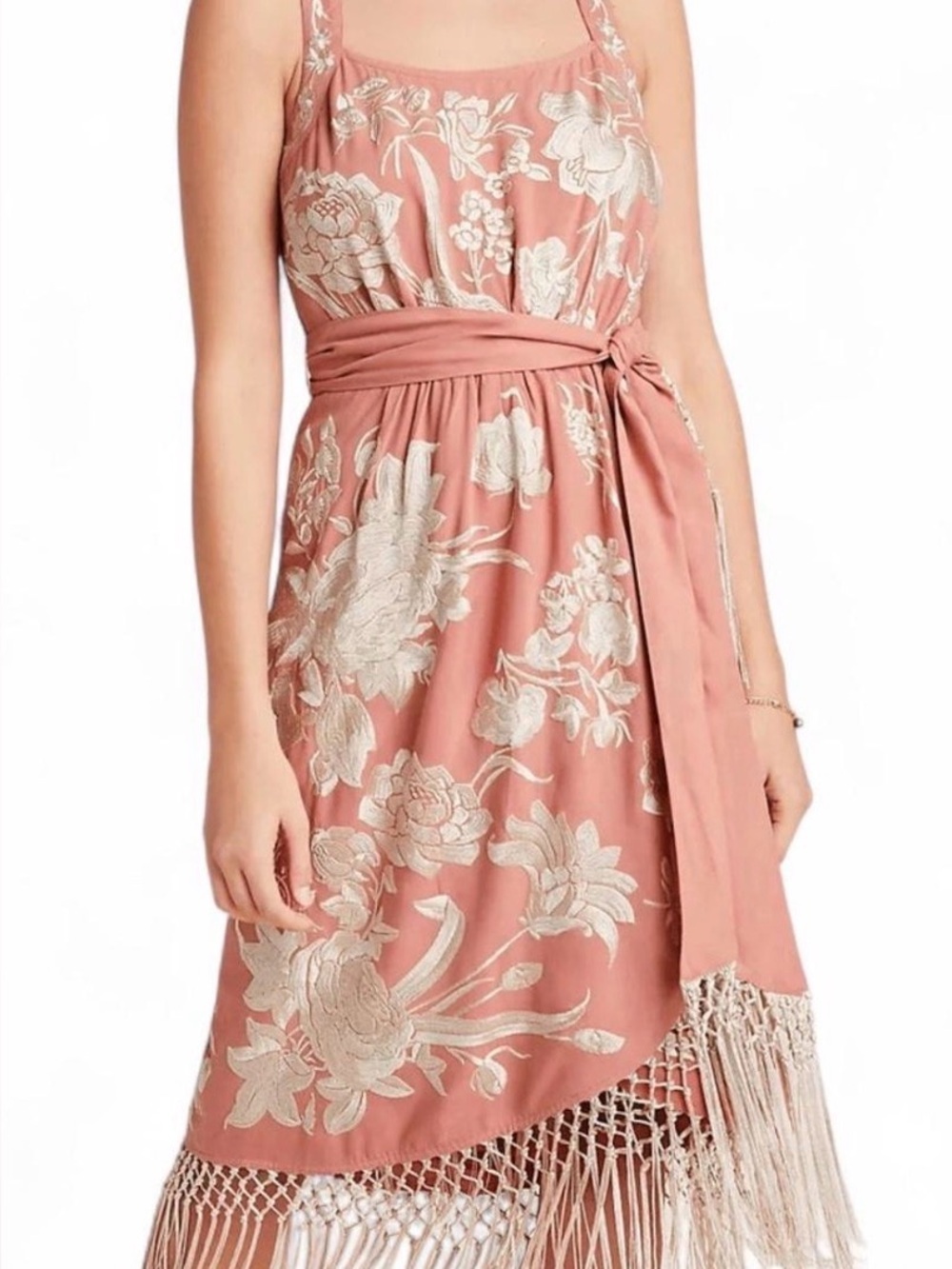 Anthropologie Dusty Rose Floral Embroidered Midi Dress with Fringe